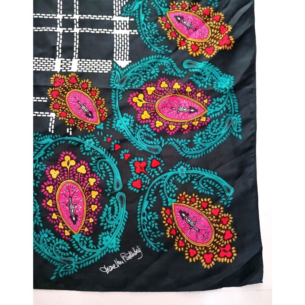 Diane Von Furstenberg Black Plaid Silk Scarf with Pink and Teal Paisley - Picture 4 of 6